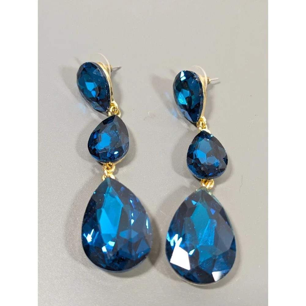 Blue Rhinestone Facet Teardrop‎ Dangle Earrings Evening Glam Chic Runway